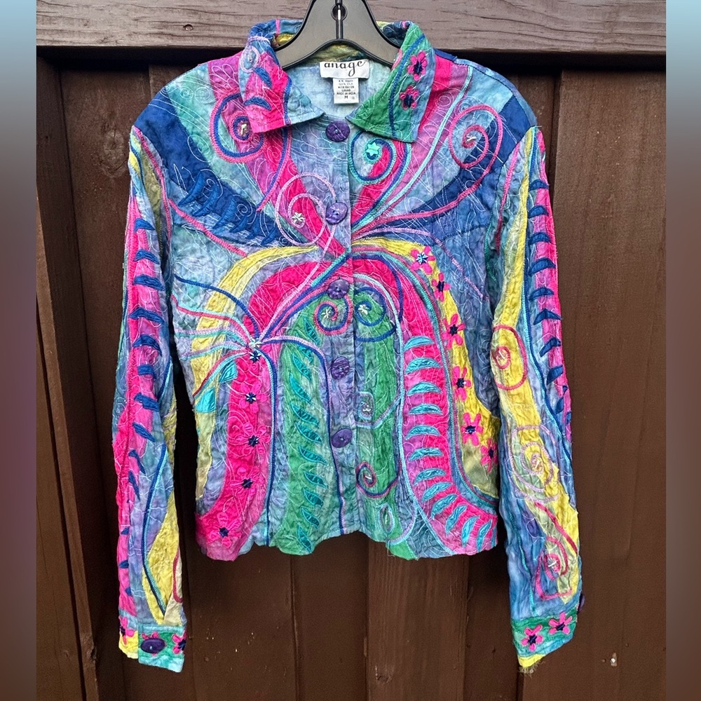 VINTAGE ANAGE Silk Appliqué Patchwork Jacket Lagenlook Art Wear 90s Funky Size M - Picture 3 of 16